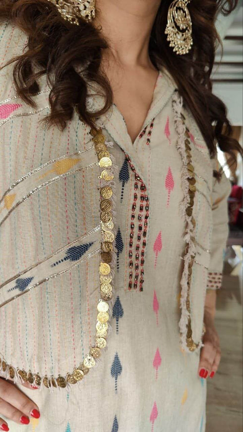 Three Piece Jacket Off White Pathani Set